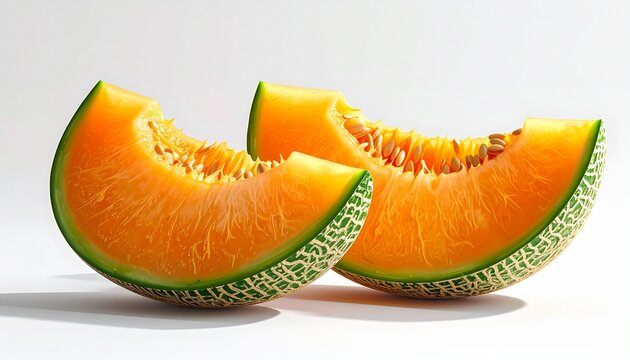Two slices of cantaloupe melon on a white background.