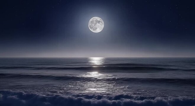 night ocean under full moon, calm sea reflecting moonlight on waves