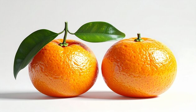Two vibrant tangerines with green leaves on a white background.