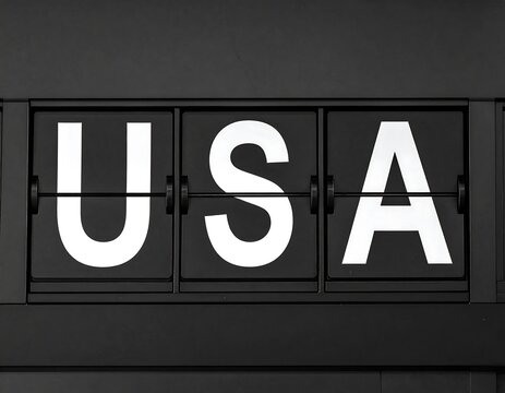 Black and white image of a split-flap display showing the letters "USA" in a close-up shot