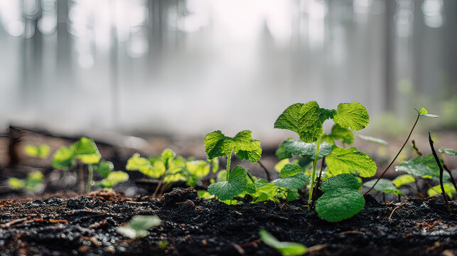 charred. Green sprouts emerging from charred forest soil after lightning strike. ESG reports, sustainability campaigns, designed for sustainability communications and ESG reporting.
