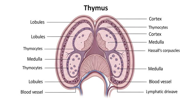 Cross‑sectional diagram of the thymus gland displaying lobules with outer cortex and inner medulla, thymocytes, Hassall&rsquo;s corpuscles, lymphatic tissue and blood vessels to illustrate central lymphoid 