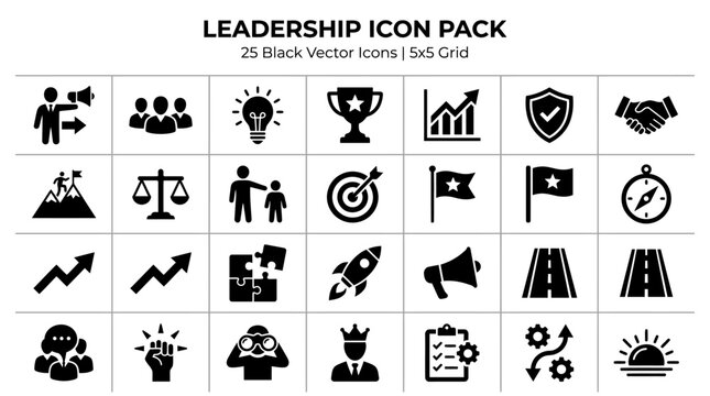 Collection of 25 black vector leadership icons arranged in a 5x5 grid, showcasing various themes