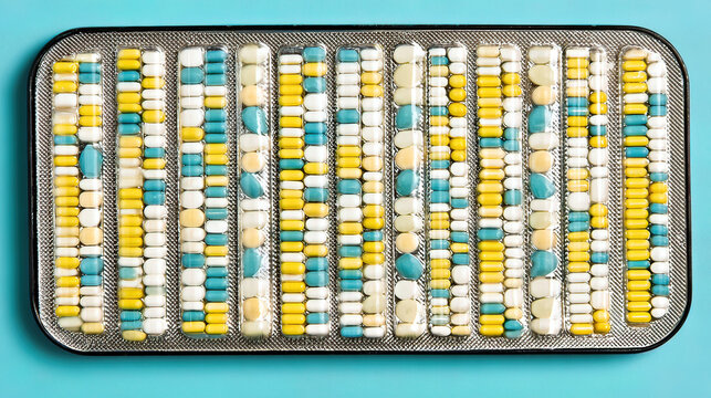 oligarchy. Pill organizer with tablets in sequence, clinical top view, geometric arrangement. STEM education sheets, lab safety posters, designed for biotech research communications.
