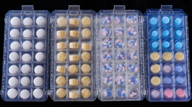 oligarchy. Pill organizer with tablets in sequence, clinical top view, geometric arrangement. STEM education sheets, lab safety posters, designed for biotech research communications.
