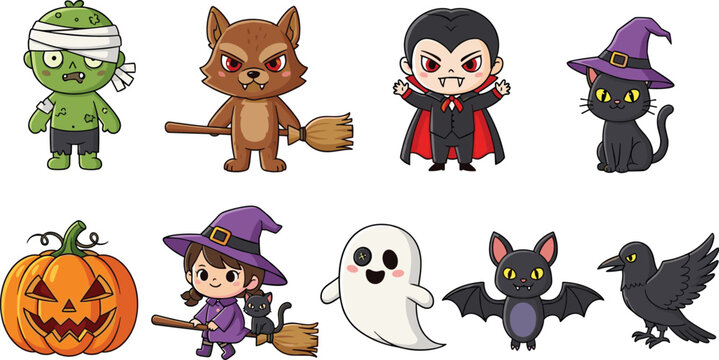 Cute Halloween character set featuring chibi zombie werewolf vampire witch black cat pumpkin ghost bat and crow vector cartoon mascot icons.