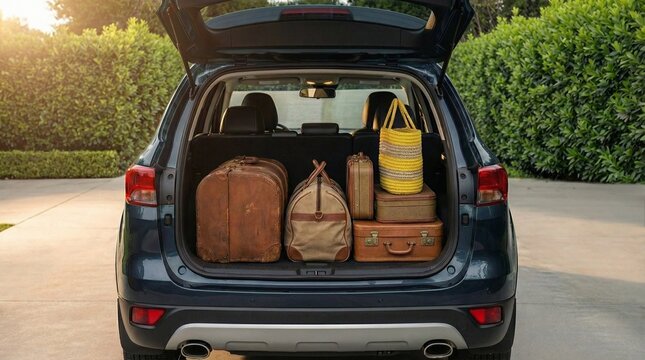 A dark blue SUV with its trunk open, packed full of various suitcases and bags, ready for a journey.