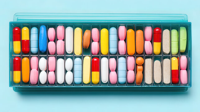 oligarchy. Pill organizer with tablets in sequence, clinical top view, geometric arrangement. STEM education sheets, lab safety posters, designed for biotech research communications.
