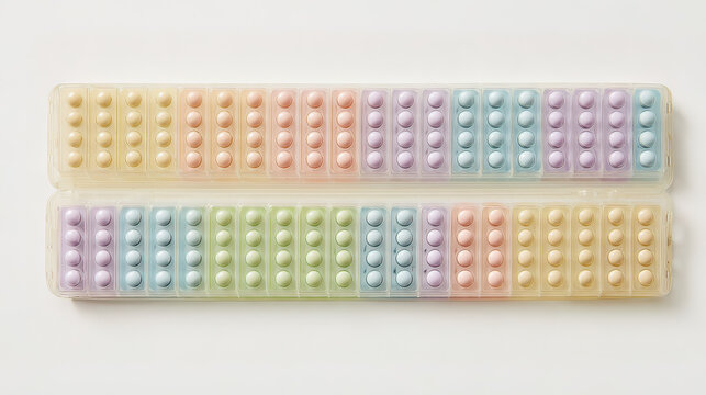 oligarchy. Pill organizer with tablets in sequence, clinical top view, geometric arrangement. STEM education sheets, lab safety posters, designed for biotech research communications.
