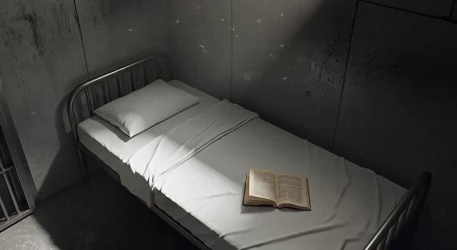 prison cell with metal bed and beam of light through window