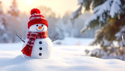 Obraz premium A snowman in a red hat and scarf in a snowy forest