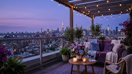 Fototapeta premium Rooftop terrace with city skyline view at twilight, decorated for relaxation