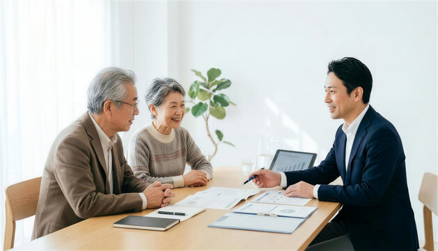 自宅のテーブルでシニア夫婦に書類を使って提案する男性営業マン