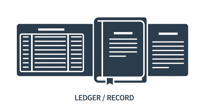 Ledger and Records icon set, accounting, finance, data management, and bookkeeping concept