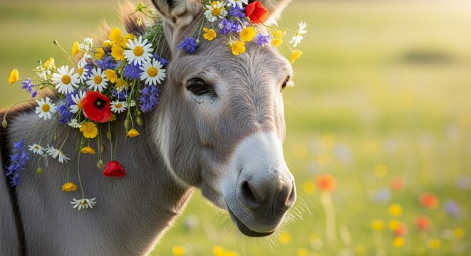 Donkey with colorful flower crown outdoors.