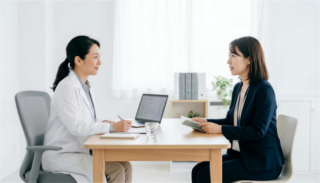 診察室で向かい合って打ち合わせや商談をする女性医師と女性ビジネスパーソン
