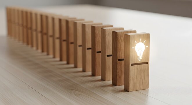 Domino effect with a glowing lightbulb representing an idea or innovation.