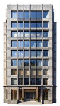 A tall, gray, multi-story building with large windows and stone facade