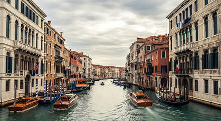 Obraz premium Scenic view of ancient stone buildings and traditional wooden boats docked along a narrow canal in Venice Italy under a dramatic grey cloudy sky during daytime