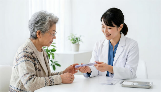 診察室でシニア女性患者にペン型注射器などの説明をする女性医師