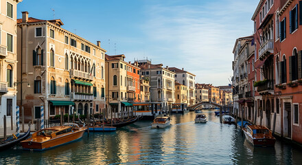 Obraz premium Majestic panoramic view of historic Italian architecture lining a serene Venetian canal with traditional boats floating under a vibrant blue sky during a bright sunny afternoon in Venice.