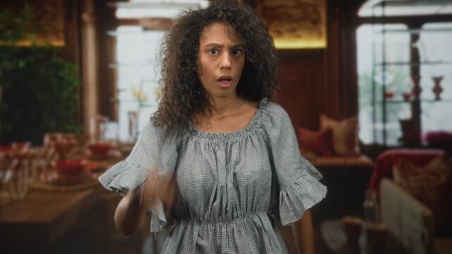 Woman with curly hair showing hands and pointing finger with questioning and accusing gestures in a dining room set inside a studio; frustration confrontation.