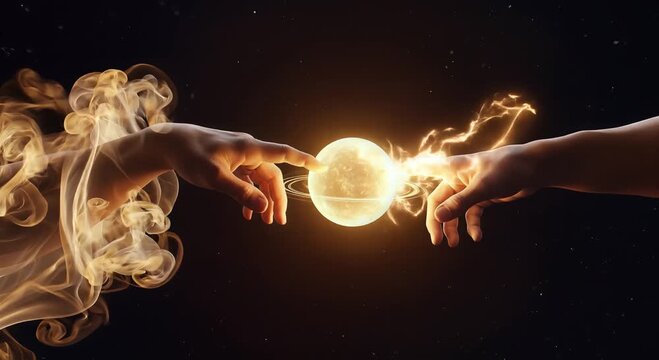 space scene: hands reaching toward glowing orb amid fiery wisps and stars