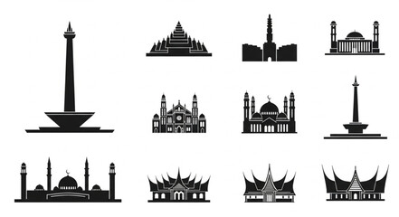 Collection of Indonesian Landmarks and Cultural Symbols in Silhouette. © Verli