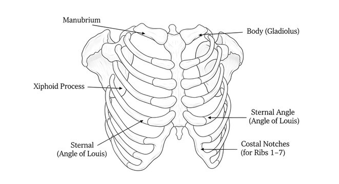 Anterior line drawing of the human sternum and rib cage illustrating manubrium, body, xiphoid process, sternal angle of Louis and costal notches for ribs one to seven for foundational thoracic anatomy