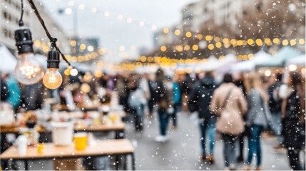 Obraz premium Winter market festival city square event photography snowy atmosphere wide angle view holiday spirit