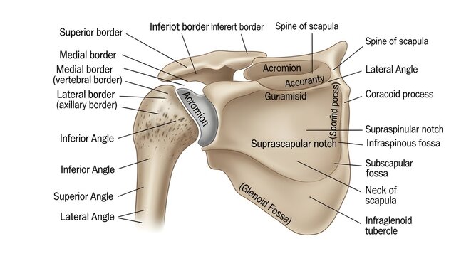 Detailed labeled illustration of the human scapula showing borders, angles, spine, acromion, coracoid process, supraspinous and infraspinous fossae, and glenoid fossa for comprehensive shoulder girdle