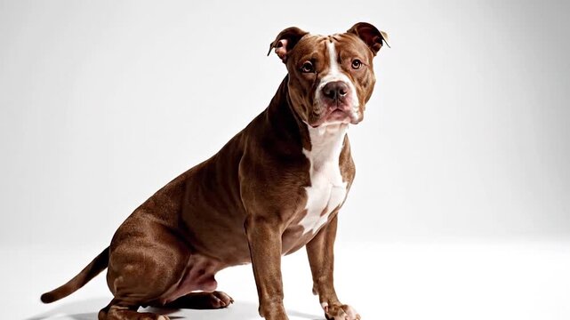 Brown and White Pit Bull Sitting on Plain Background Friendly Pet Portrait Concept