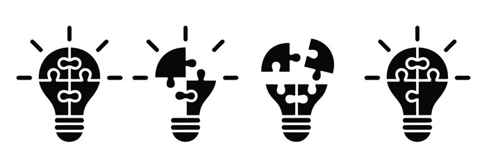 Fototapeta premium Idea, creative light bulb icon formed by puzzle pieces representing problem solving, innovation, brainstorming, strategy concepts, and business solutions in clean and modern vector illustration.