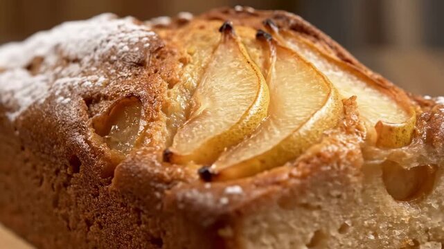 Appetizing macro shot of golden brown pear bread displaying the sweet, moist interior crumb and baked fruit filling.