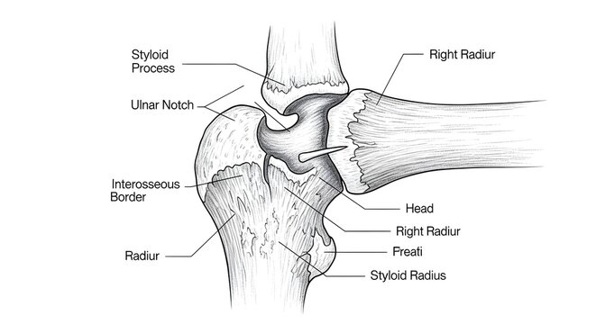 Anatomical line drawing of the distal radius and ulna forming the wrist and distal radioulnar joint, labeling styloid processes, ulnar notch, interosseous border and articular surfaces for orthopedic 