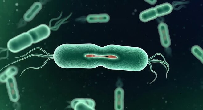 teal rod bacteria under magnified view with flagella