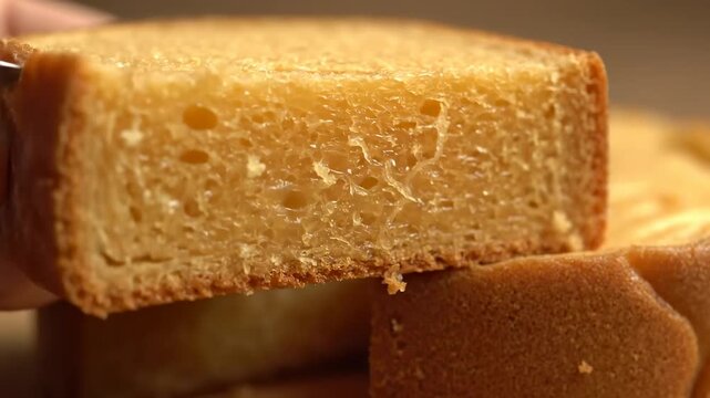 Macro close-up shot of a sharp knife slicing into a thick piece of golden baked bread or brioche, highlighting the soft, moist, and porous texture of the fresh crumb.