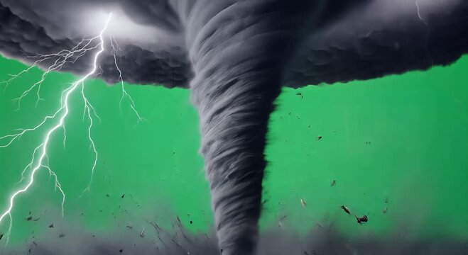 tornado storm with lightning on green screen backdrop