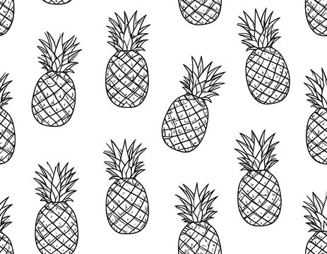 Black and white pineapple illustration in a repeating pattern against a bright white background