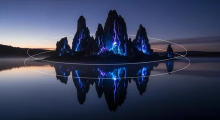 Poster Reflectie Mysterious island with striking lightning effects reflected in the still water at dusk  © Refill S