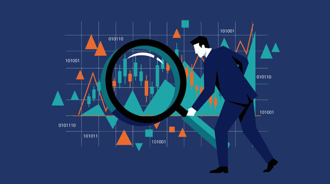 Professional financial analyst using magnifying glass to inspect stock market candlestick charts and binary data, concept for investment research, market analysis and economic forecasting