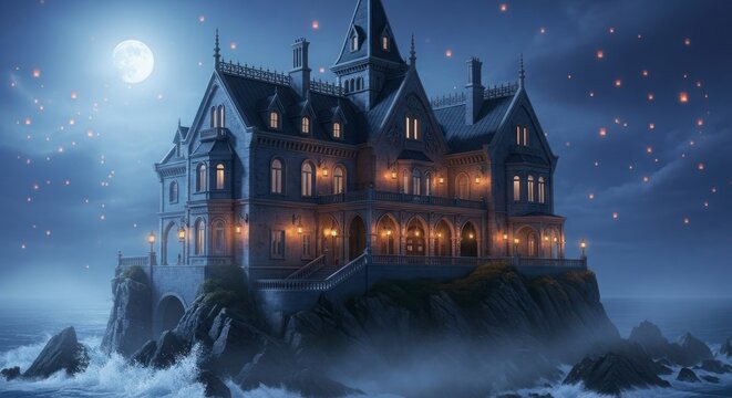 Mysterious gothic mansion illuminated at night with fog and stars