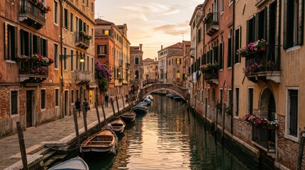 Fototapeta premium Peaceful canal lined with colorful historic buildings and moored boats at sunset, warm light reflecting gently on the water in a romantic European city