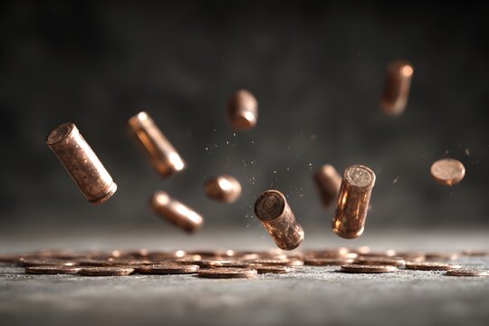 Dramatic image of falling coins turning into bullets mid air