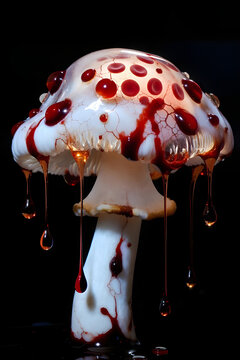 Dark Eco-Tech Series: Glass Hydnellum Peckii Mushroom With Realistic Red Blood Drops