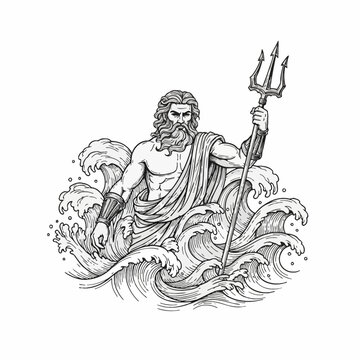 Poseidon the Greek god of the sea holding a trident amongst cresting ocean waves, black and white mythological engraving style illustration of Neptune with flowing beard and muscles.