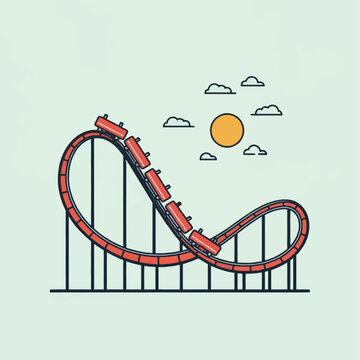 Flat vector illustration of a red roller coaster train descending a curved orange track with vertical support beams under a yellow sun and outlined clouds in a clear sky.