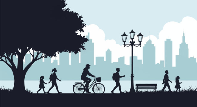 Silhouette vector of people walking, cycling, and commuting in an urban park featuring a large tree, street lamp, and bench with a city skyline and clouds in the background.