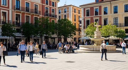 Obraz premium Sun-drenched urban plaza bustling with pedestrians strolling past historic architecture and vibrant outdoor terrace seating under a clear sky in a historic city center during daytime.