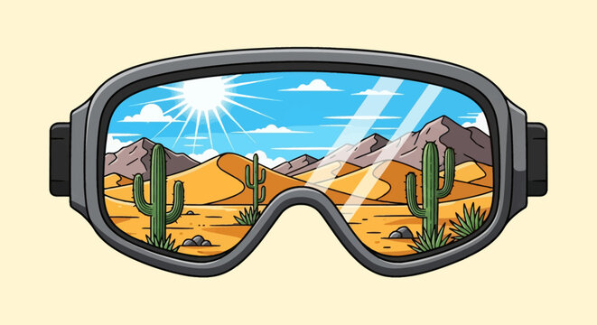 Vector illustration of a desert landscape reflection in a pair of goggles, featuring saguaro cacti, orange sand dunes, and mountains under a bright sun and blue sky with clouds.